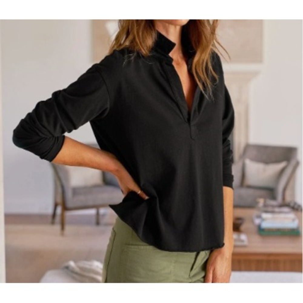 Frank & Eileen Patrick Popover Henley Top Womens M Black Cotton Long Sleeve